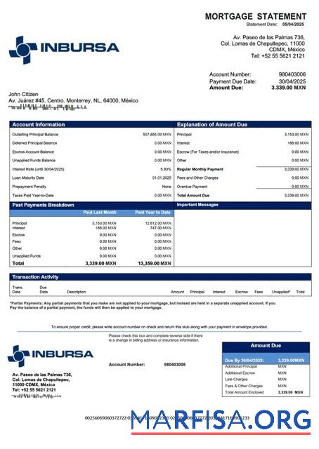 Printable Mexico Banco Inbursa mortgage statement Word and PDF template